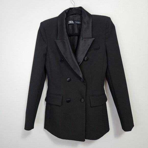 Zara Double Breasted Tailored Tuxedo Blazer Jacket XS Black 9064/940 - Picture 3 of 12
